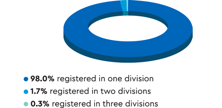 Pie chart showing that 98% are registered in one division, with the rest registered in either two or three divisions.